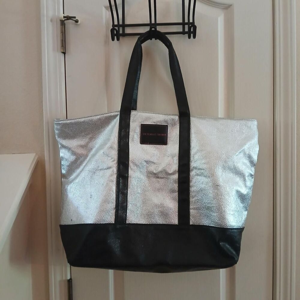 Victoria's Secret Silver Metallic Tote Bag Beach Bag Carry All Weekender Y2K